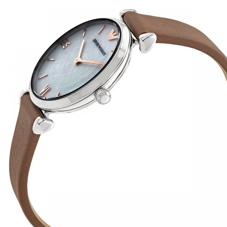 Emporio Armani Gianni T-Bar White Dial Brown Leather Strap Watch for Women - AR1988