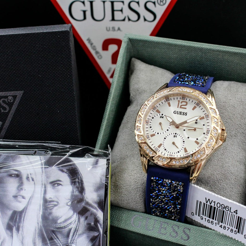 Guess Swirl Analog Quartz White Dial Blue Rubber Strap Watch for Women - W1096L4