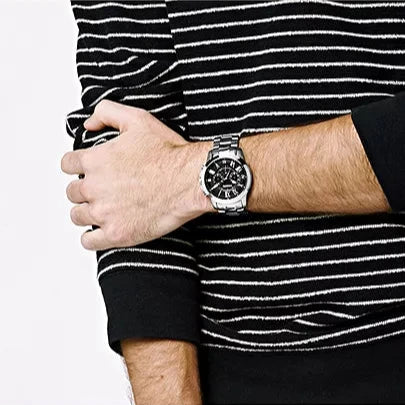 Fossil Grant Chronograph Black Dial Silver Steel Strap Watch for Men - FS4736