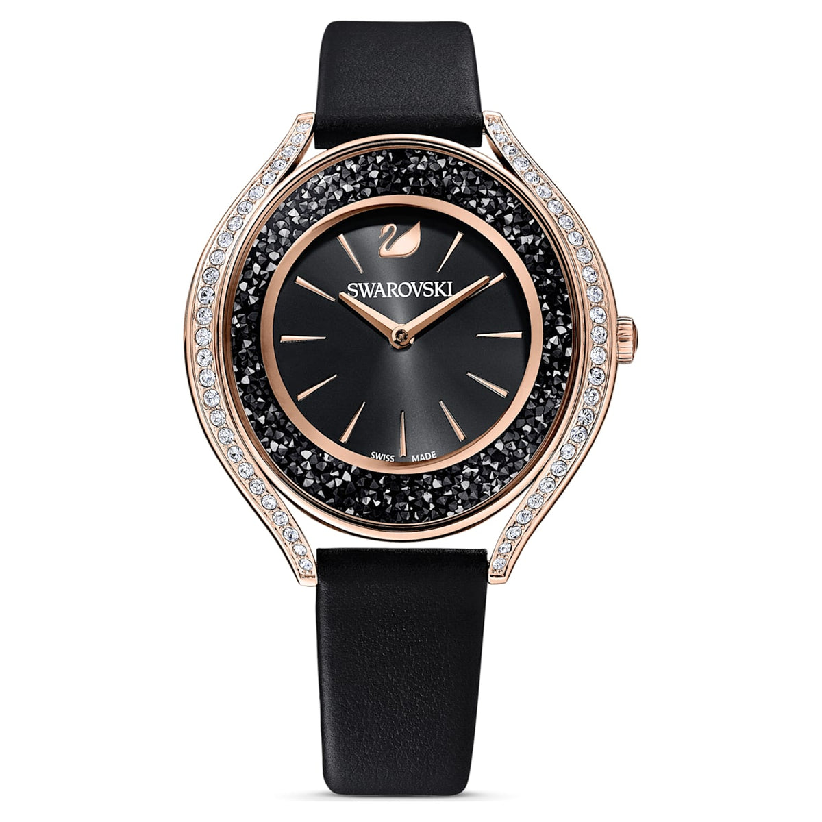 Shop Authentic Swarovski Crystalline Aura Black Dial Black Leather Strap Watch for Women - 5558634 - Luxxuri