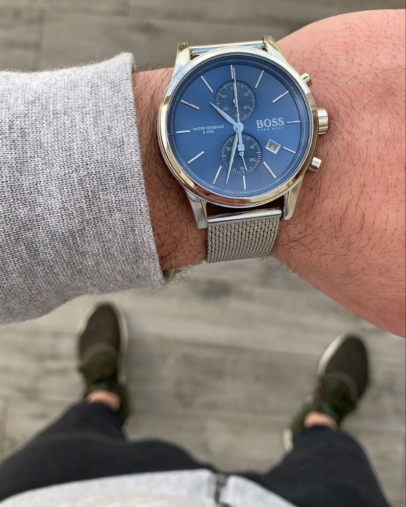 Hugo Boss Jet Blue Dial Silver Mesh Bracelet Watch for Men - 1513441