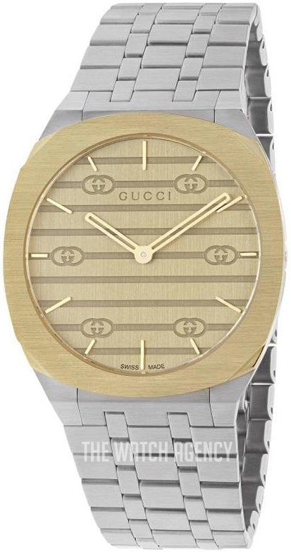 Shop Authentic Gucci 25H Quartz Gold Dial Silver Steel Strap Watch for Men - YA163405 - Luxxuri