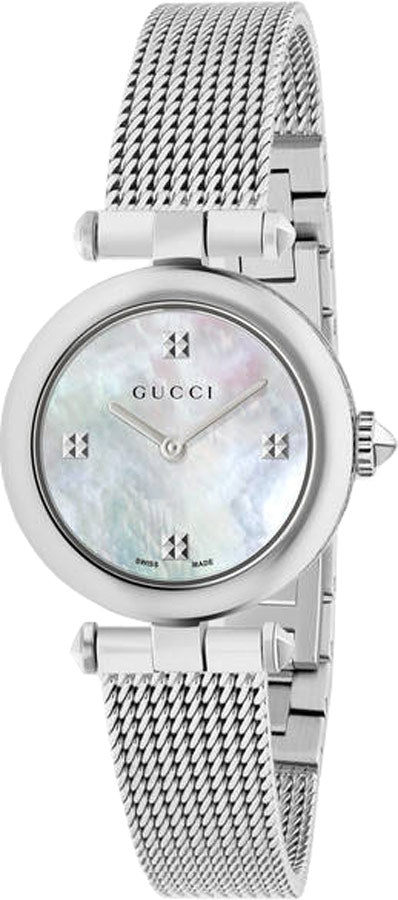 Shop Authentic Gucci Diamantissima Quartz Diamonds Mother of Pearl Dial Silver Mesh Bracelet Watch for Women - YA141504 - Luxxuri