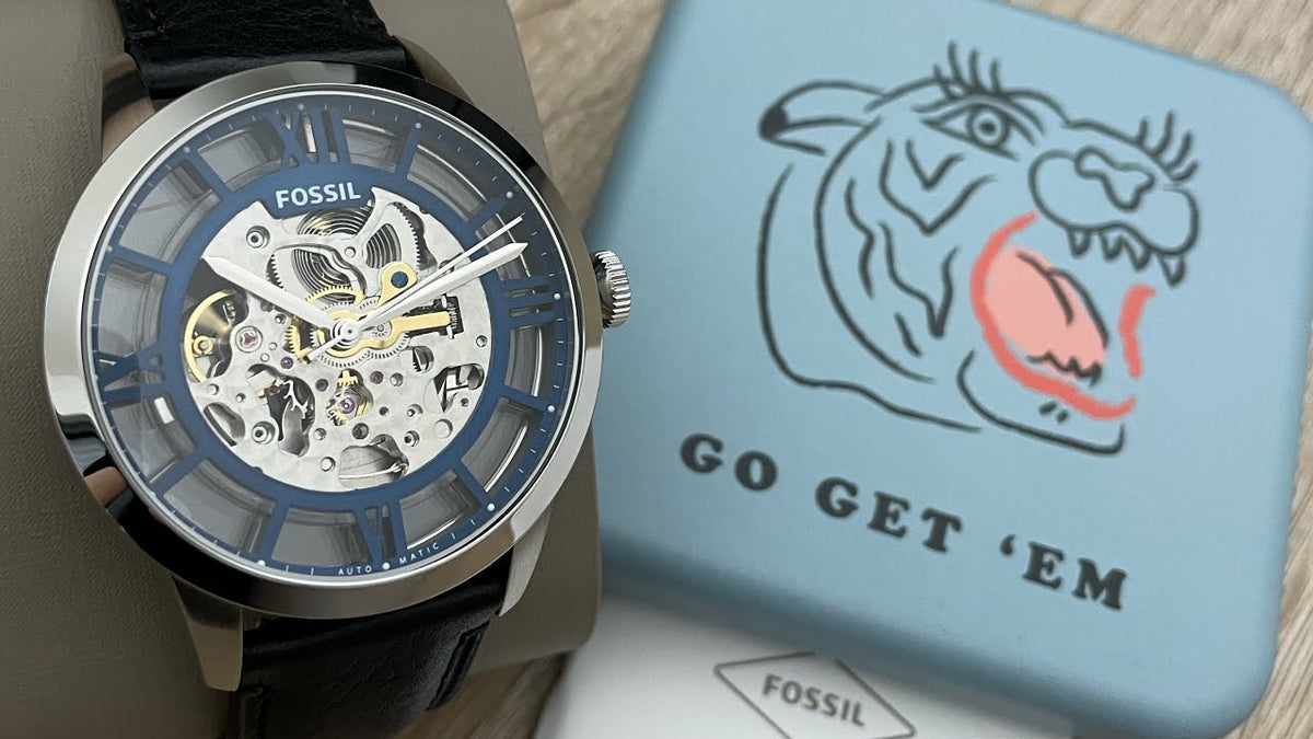 Fossil Townsman Automatic Skeleton Blue Dial Black Leather Strap Watch for Men - ME3200