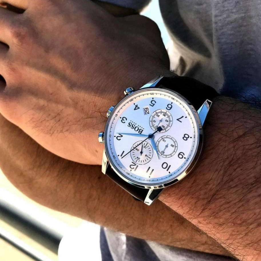 Hugo Boss Navigator White Dial Brown Leather Strap Watch for Men - 1513495