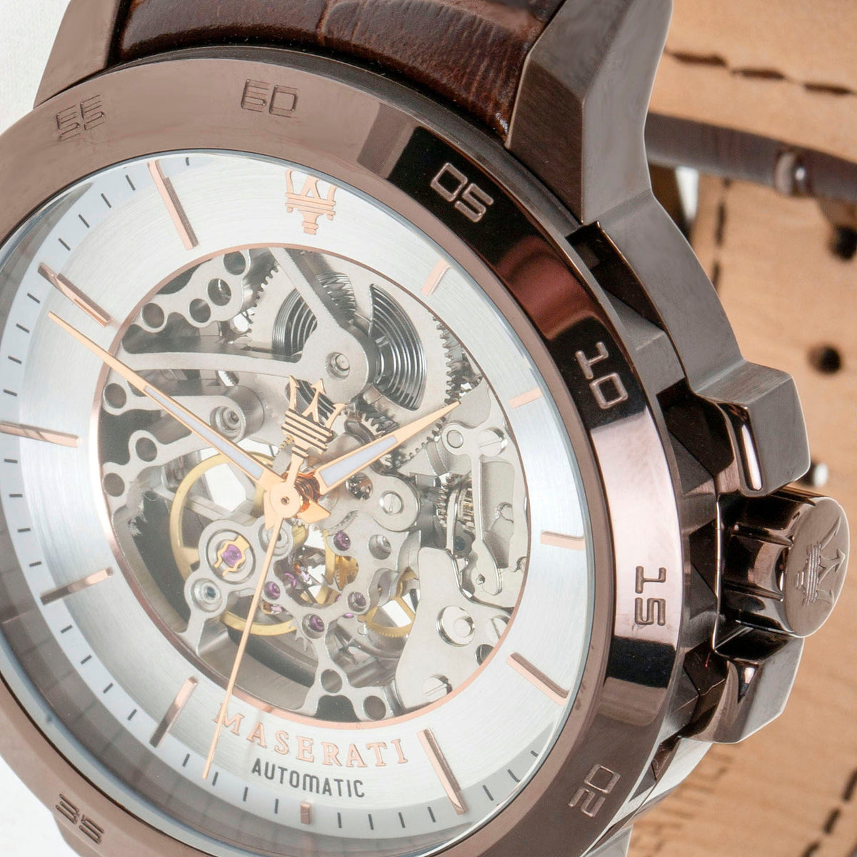 Maserati Ingegno Automatic Skeleton White Dial Brown Leather Strap Watch For Men - R8821119003