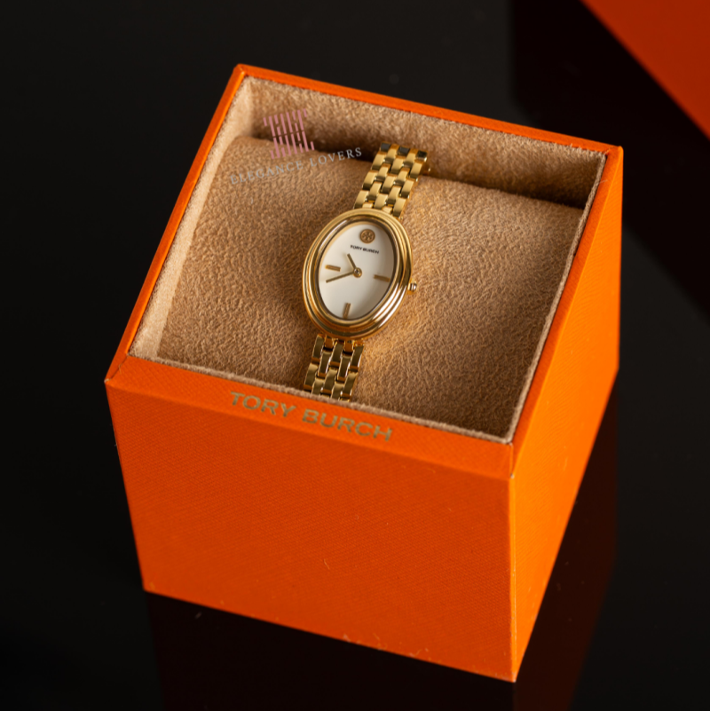 Tory Burch Oval White Dial Gold Steel Strap Watch for Women - TBW6032