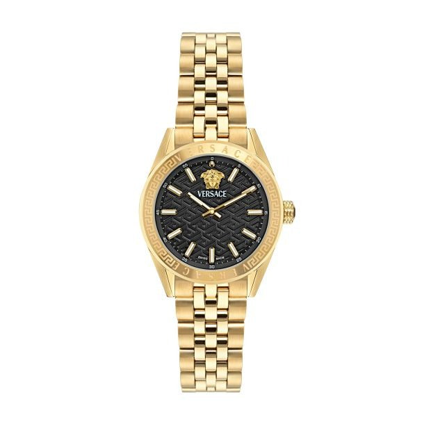 Shop Authentic Versace V-Code Quartz Black Dial Gold Steel Strap Watch for Women - VE8I00724 - Luxxuri
