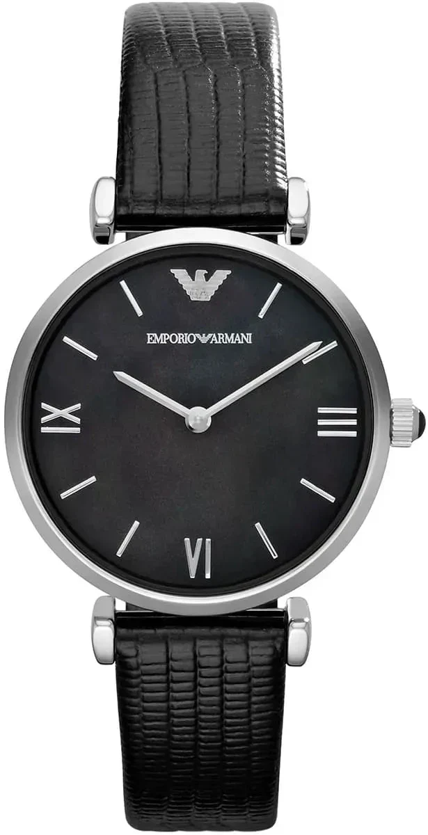 Emporio Armani Gianni T-Bar Black Dial Black Leather Strap Watch for Women - AR1678