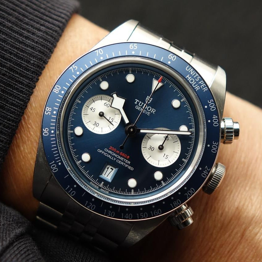 Tudor Black Bay Chrono Blue Dial Silver Steel Strap Watch for Men - M79360B-0002