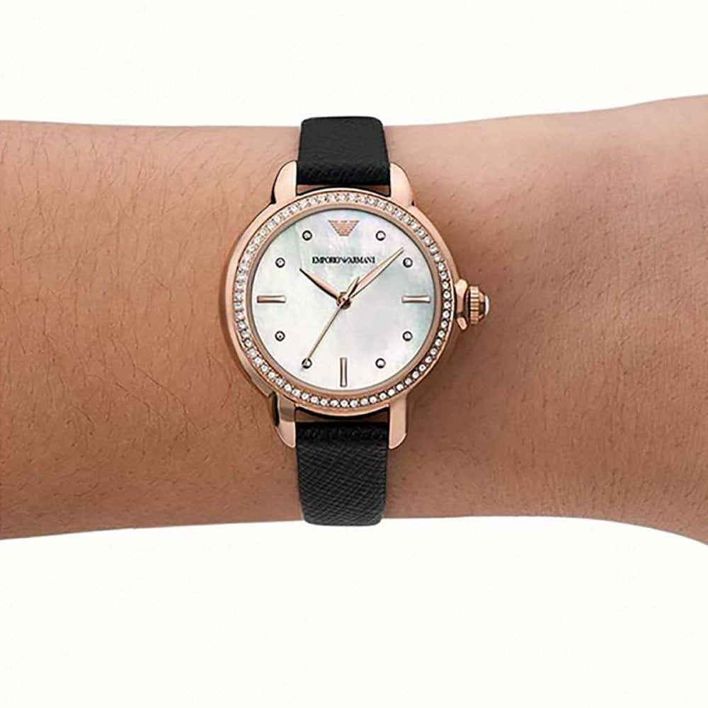 Emporio Armani Mia Mother of Pearl Dial Black Leather Strap Watch for Women - AR11598