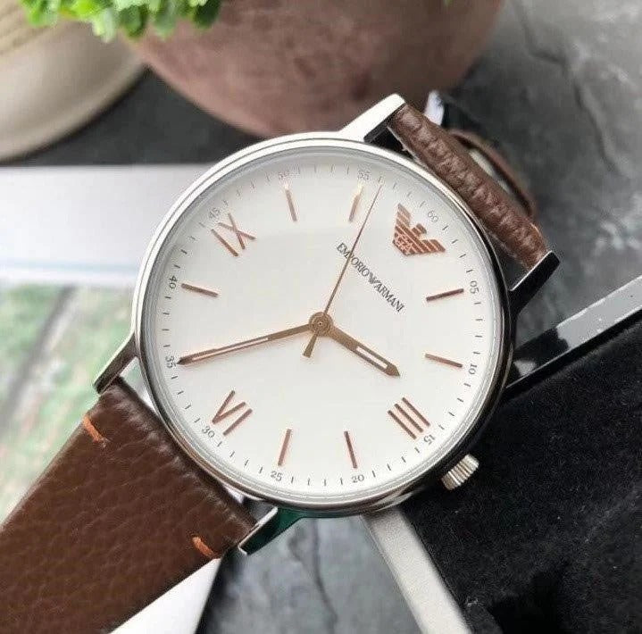 Emporio Armani Kappa Silver Dial Brown Leather Strap Watch for Men - AR11173