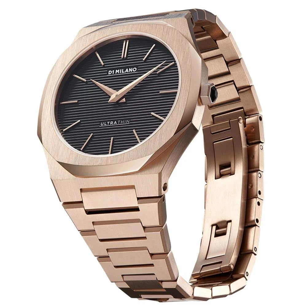 D1 Milano Ultra Thin Black Dial Gold Steel Strap Watch for Men - D1-UTBJ16