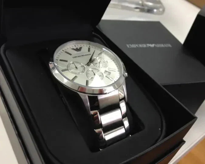 Emporio Armani Renato Chronograph White Dial Silver Steel Strap Watch for Women - AR2459