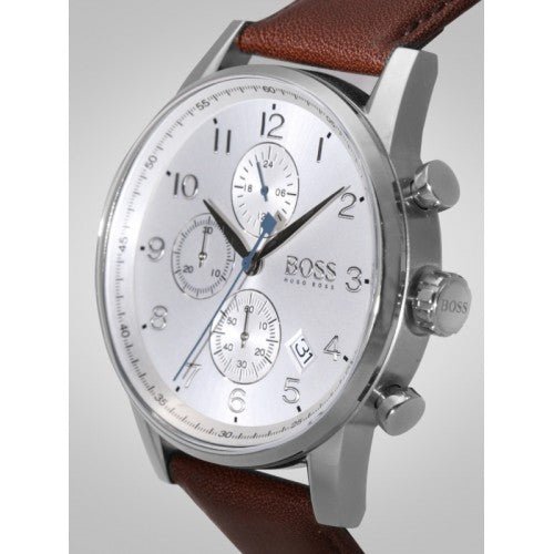 Hugo Boss Navigator Chronograph White Dial Brown Leather Strap Watch for Men - 1513495