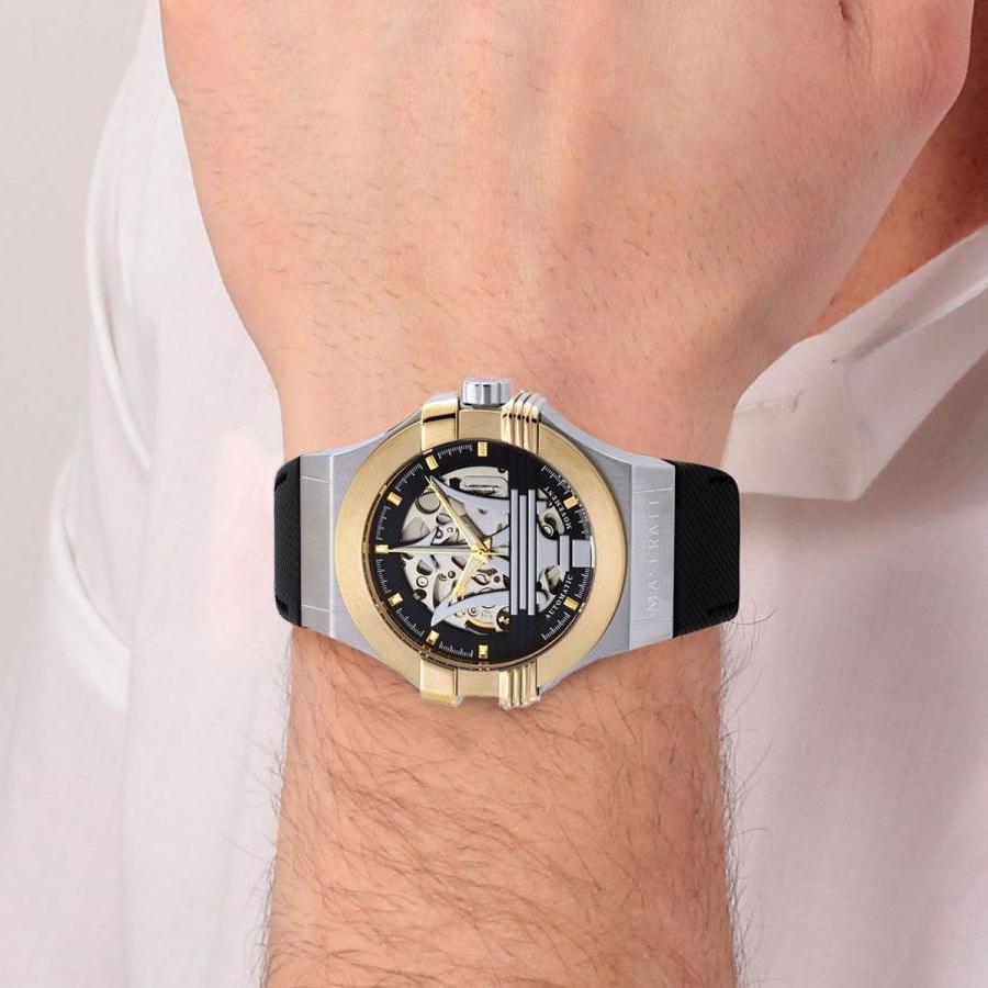 Maserati Potenza Automatic Skeleton Grey Dial Black Leather Strap Watch For Men - R8821108037