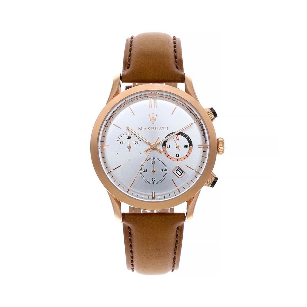 Maserati Ricordo Chronograph Silver Dial Brown Leather Strap Watch For Men - R8871633002