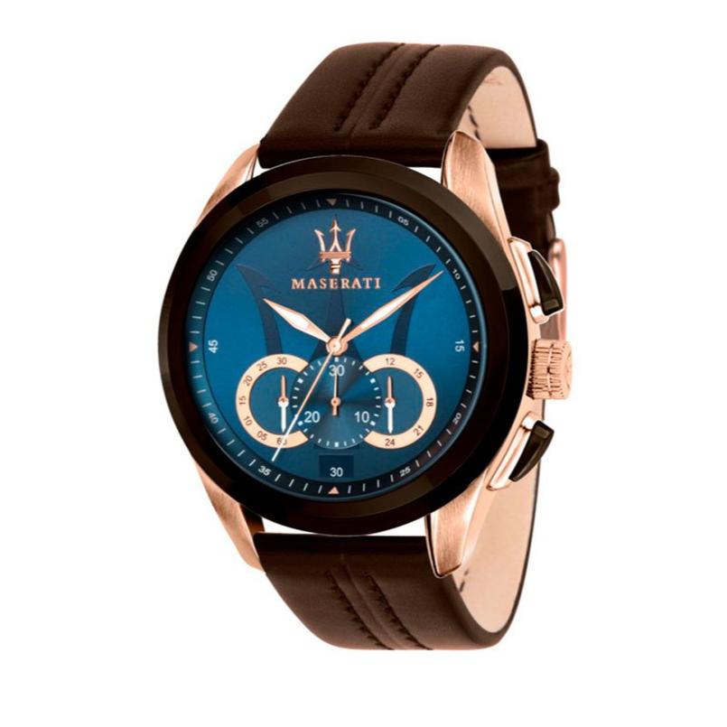Maserati Traguardo Chronograph Blue Dial Brown Leather Strap Watch For Men - R8871612024