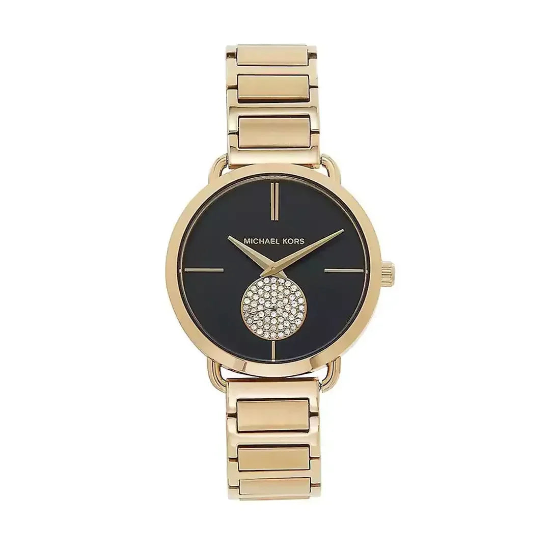 Michael Kors Portia Black Dial Gold Steel Strap Watch for Women - MK3788