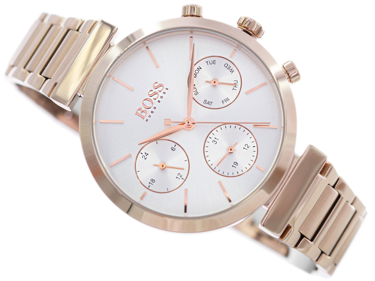 Hugo Boss Flawless Chronograph Silver Dial Rose Gold Steel Strap Watch for Women -1502531