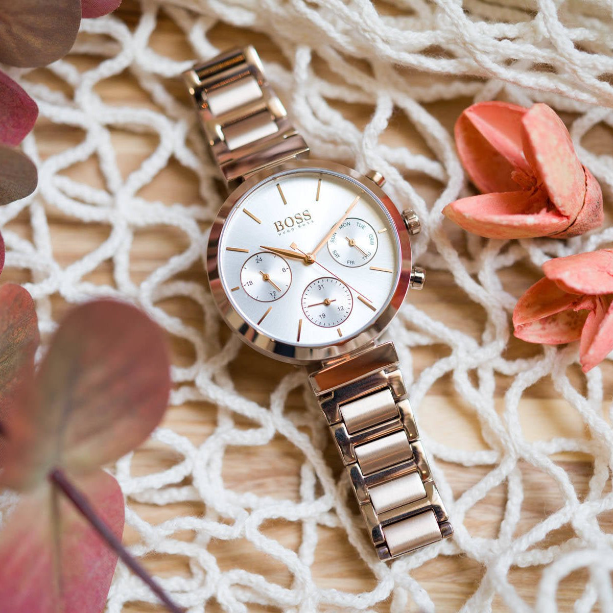 Hugo Boss Flawless Chronograph Silver Dial Rose Gold Steel Strap Watch for Women -1502531