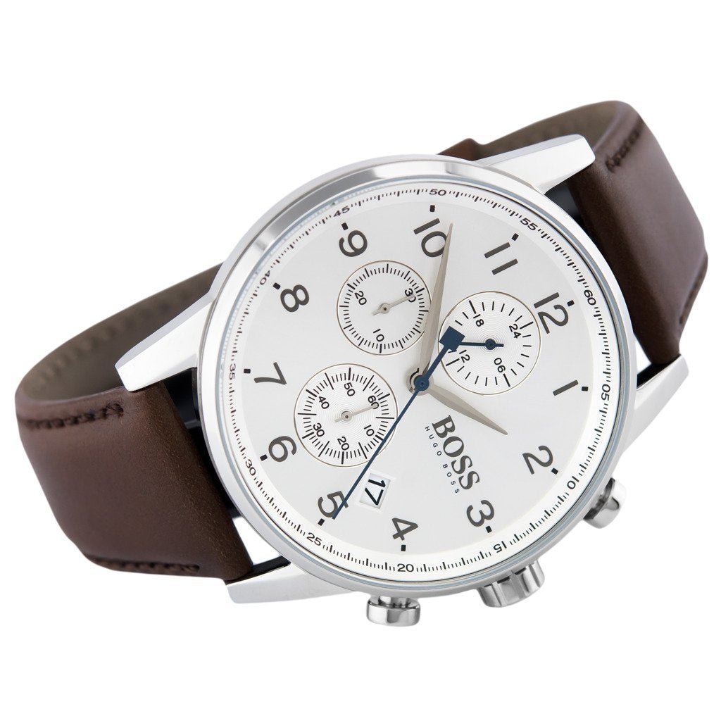 Hugo Boss Navigator Chronograph White Dial Brown Leather Strap Watch for Men - 1513495
