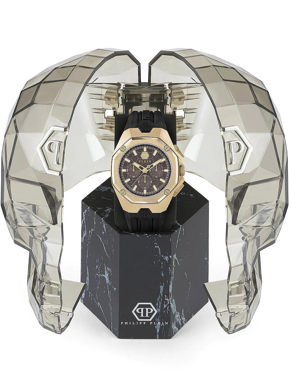 Philipp Plein Hyper Sport Chronograph Gold Dial Black Silicone Strap Watch for Men - PWTBA0423