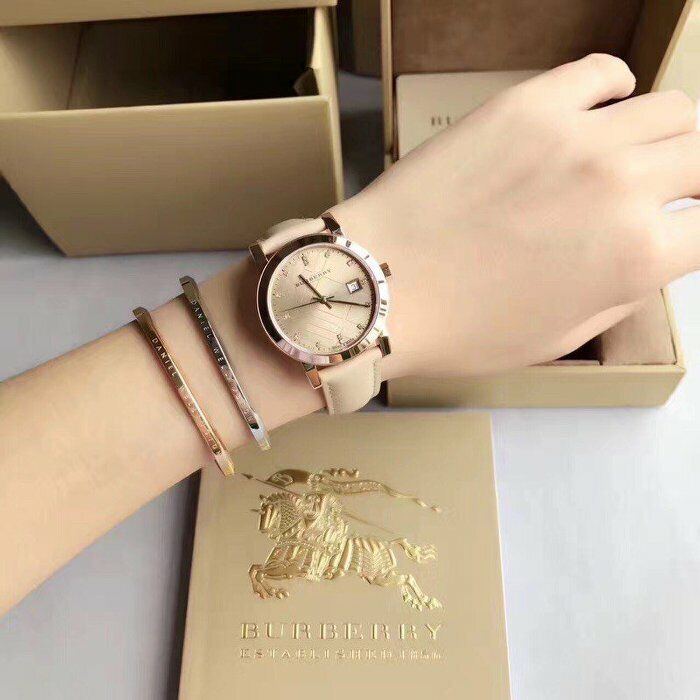 Burberry The City Diamonds Gold Dial Beige Leather Strap Watch for Women - BU9131