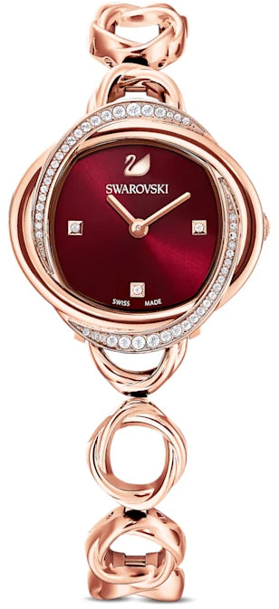 Shop Authentic Swarovski Crystal Flower Red Dial Rose Gold Steel Strap Watch for Women - 5552783 - Luxxuri