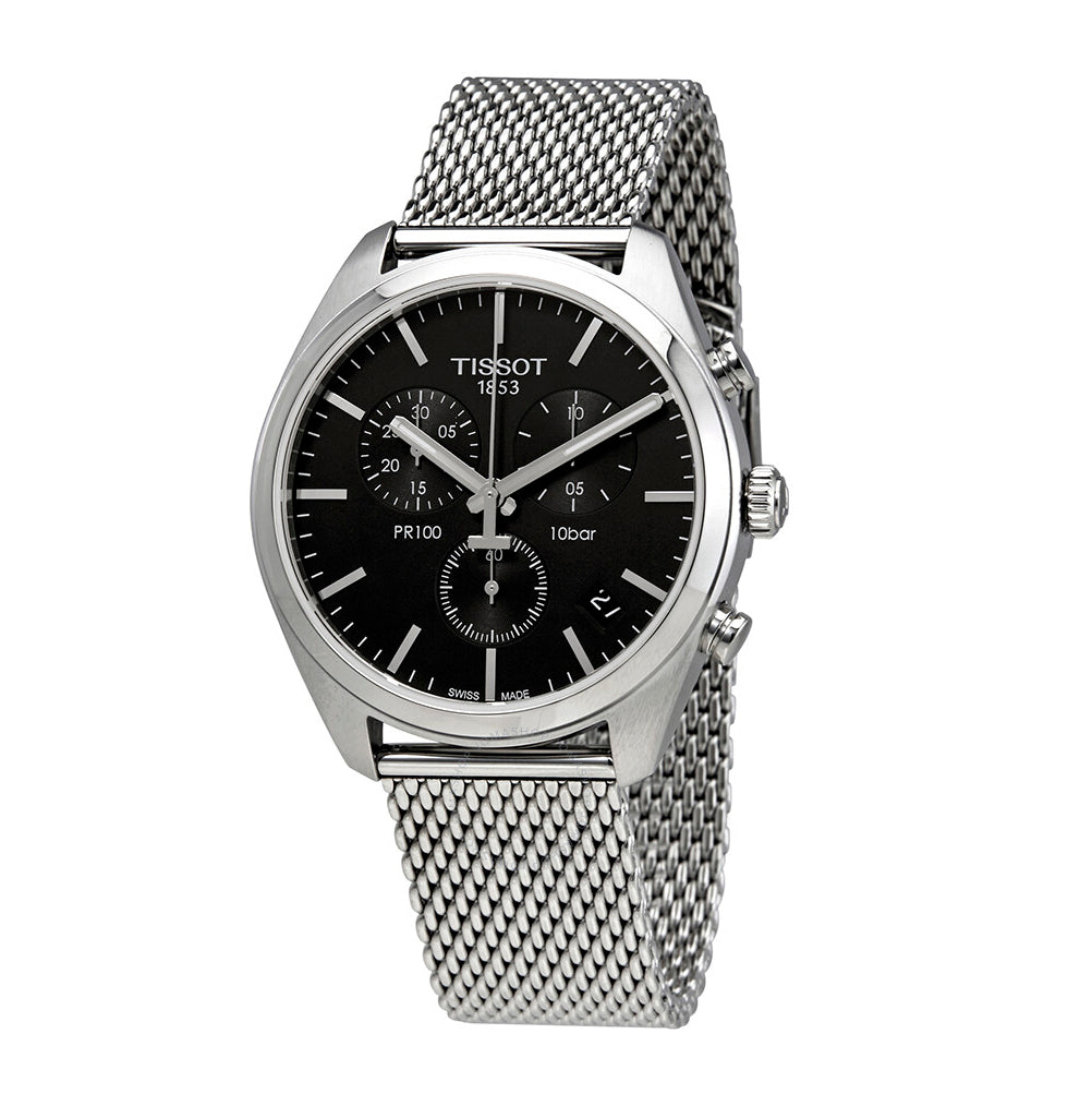 Shop Authentic Tissot PR 100 Chronograph Black Dial Silver Mesh Bracelet Watch For Men - T101.417.11.051.01 - Luxxuri