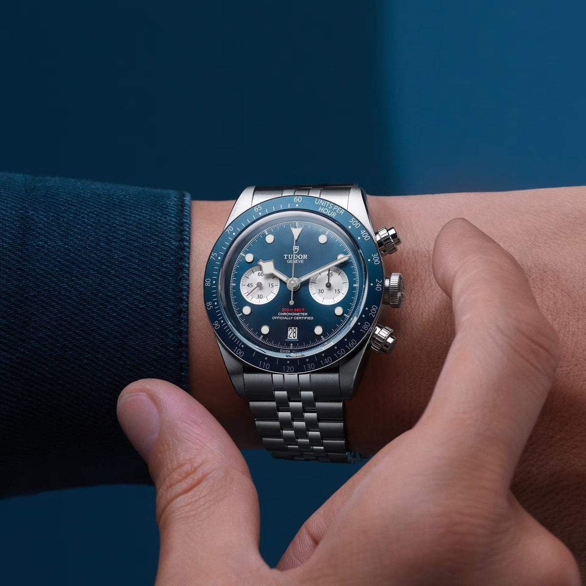 Tudor Black Bay Chrono Blue Dial Silver Steel Strap Watch for Men - M79360B-0002