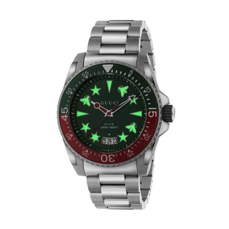 Shop Authentic Gucci Dive Quartz Green Dial Silver Steel Strap Watch For Men - YA136222 - Luxxuri
