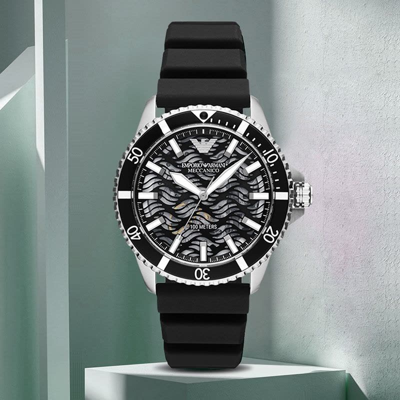 Emporio Armani Sea Explorer Meccanico Automatic Black Dial Black Silicone Strap Watch For Men - AR60062