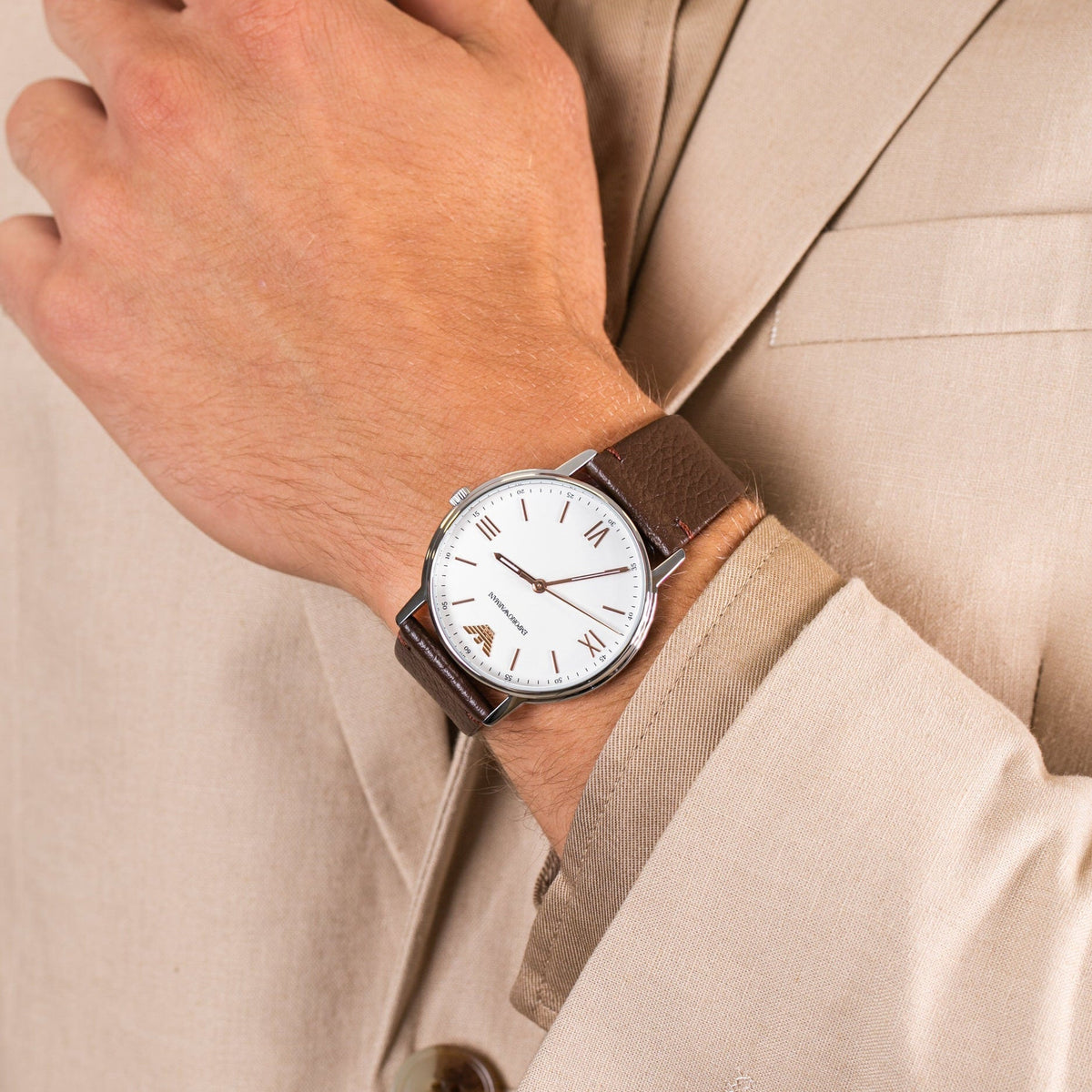 Emporio Armani Kappa Silver Dial Brown Leather Strap Watch for Men - AR11173