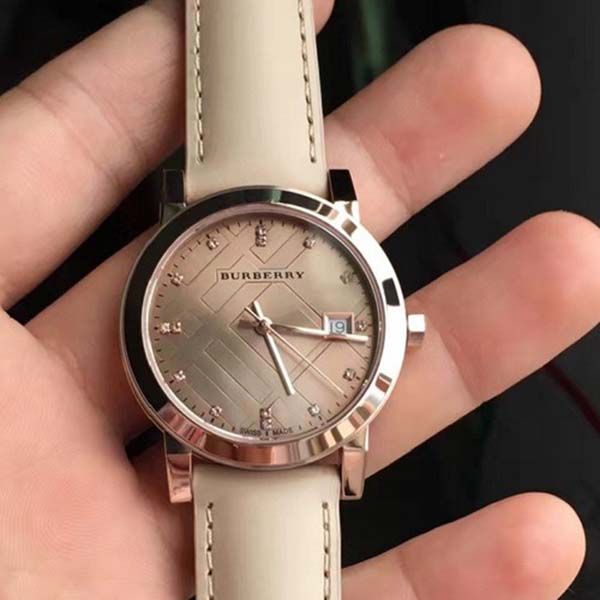 Burberry The City Diamonds Gold Dial Beige Leather Strap Watch for Women - BU9131