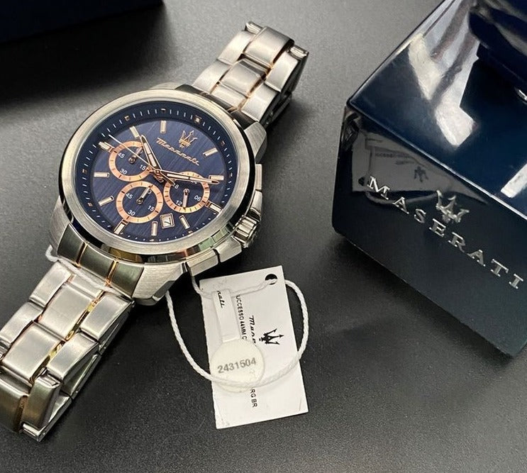 Maserati Successo Chronograph Blue Dial Two Tone Steel Strap Watch For Men - R8873621008
