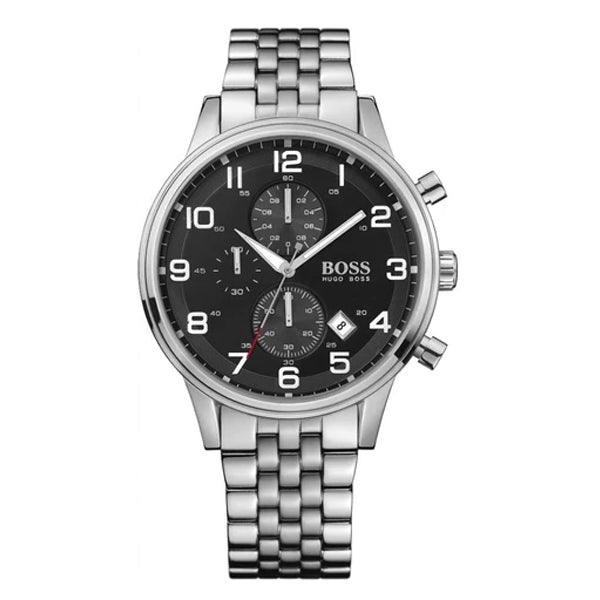 Hugo Boss Aeroliner Chronograph Black Dial Silver Steel Strap Watch For Men - 1512446