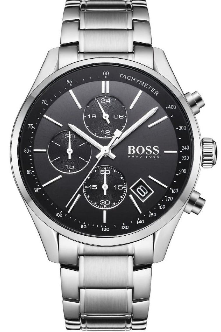 Hugo Boss Grand Prix Chronograph Black Dial Silver Steel Strap Watch for Men - 1513477