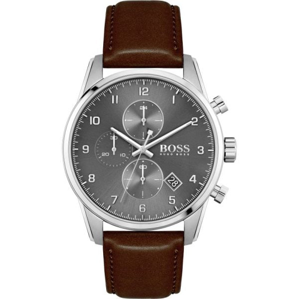 Hugo Boss Skymaster Chronograph Grey Dial Brown Leather Strap Watch for Men - 1513787