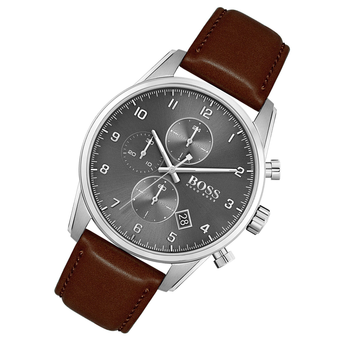 Hugo Boss Skymaster Chronograph Grey Dial Brown Leather Strap Watch for Men - 1513787