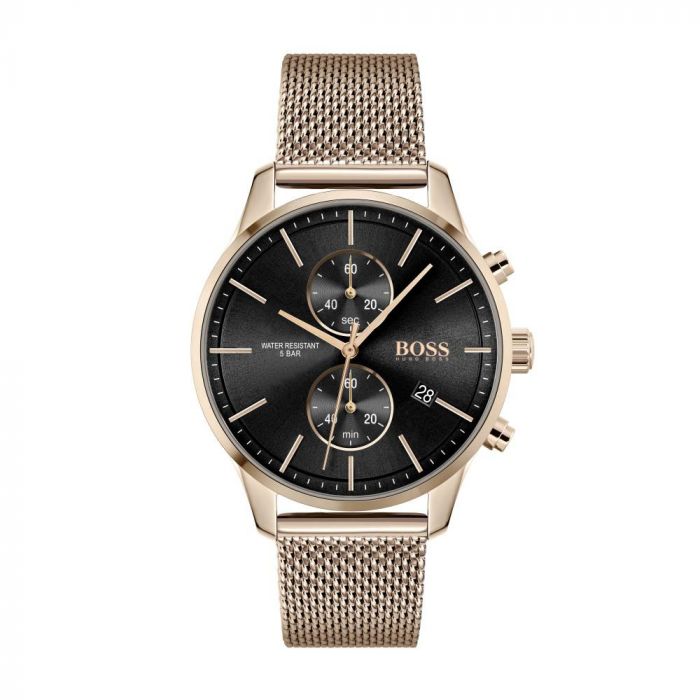Hugo Boss Associate Chronograph Black Dial Rose Gold Mesh Bracelet Watch for Men - 1513806