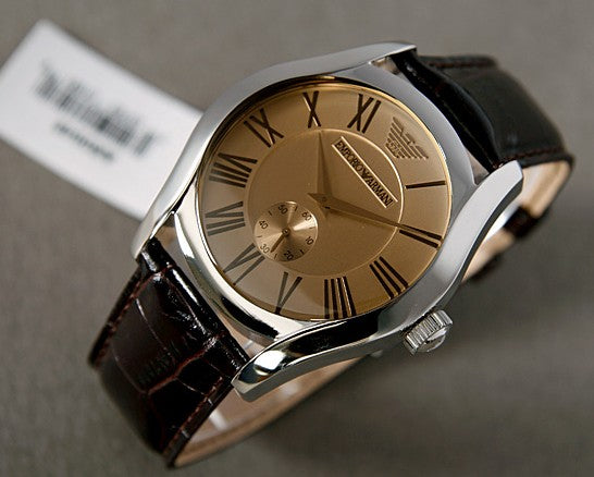 Emporio Armani Classic Quartz Beige Dial Brown Leather Strap Watch For Men - AR0646