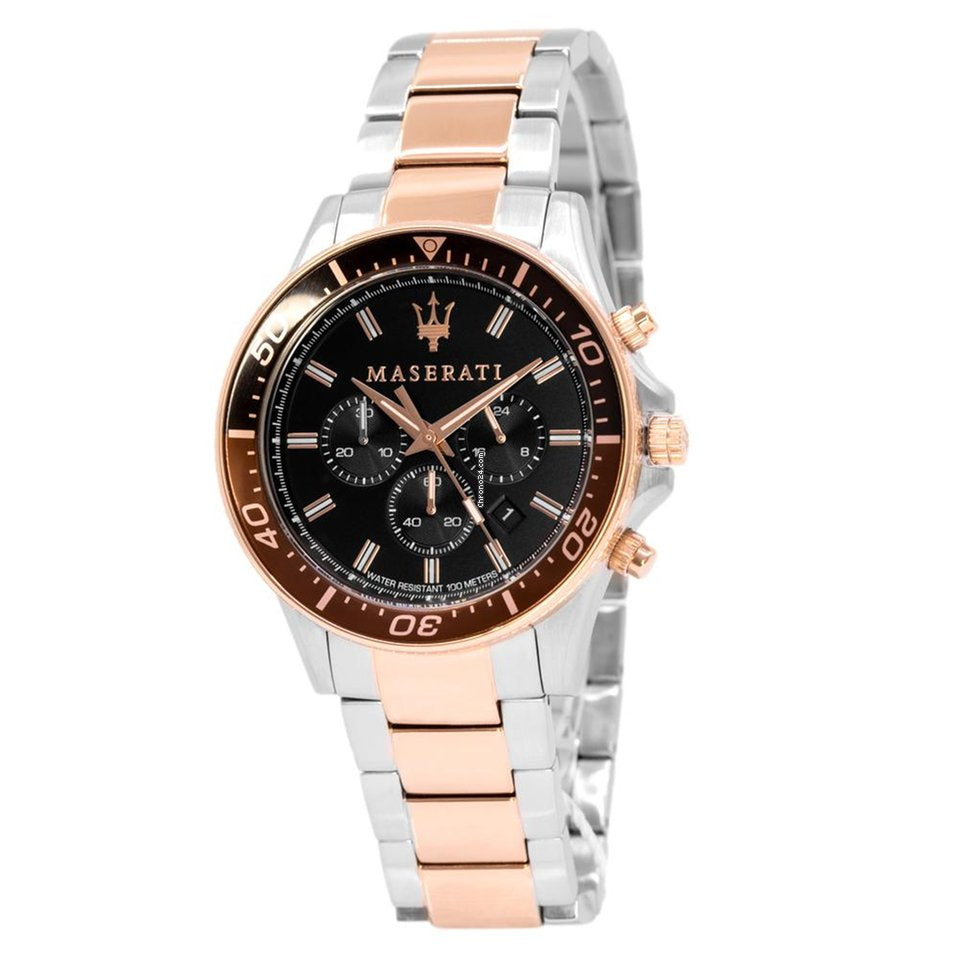 Maserati SFIDA Chronograph Black Dial Two Tone Steel Strap Watch For Men - R8873640009