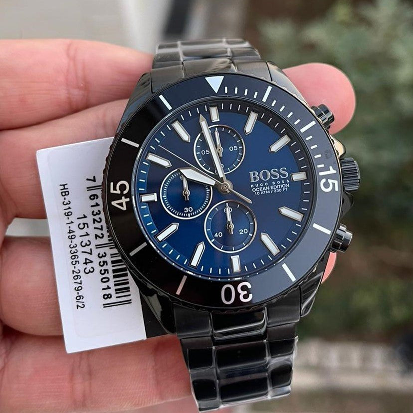 Hugo Boss Ocean Edition Chronograph Navy Blue Dial Black Steel Strap Watch for Men - 1513743