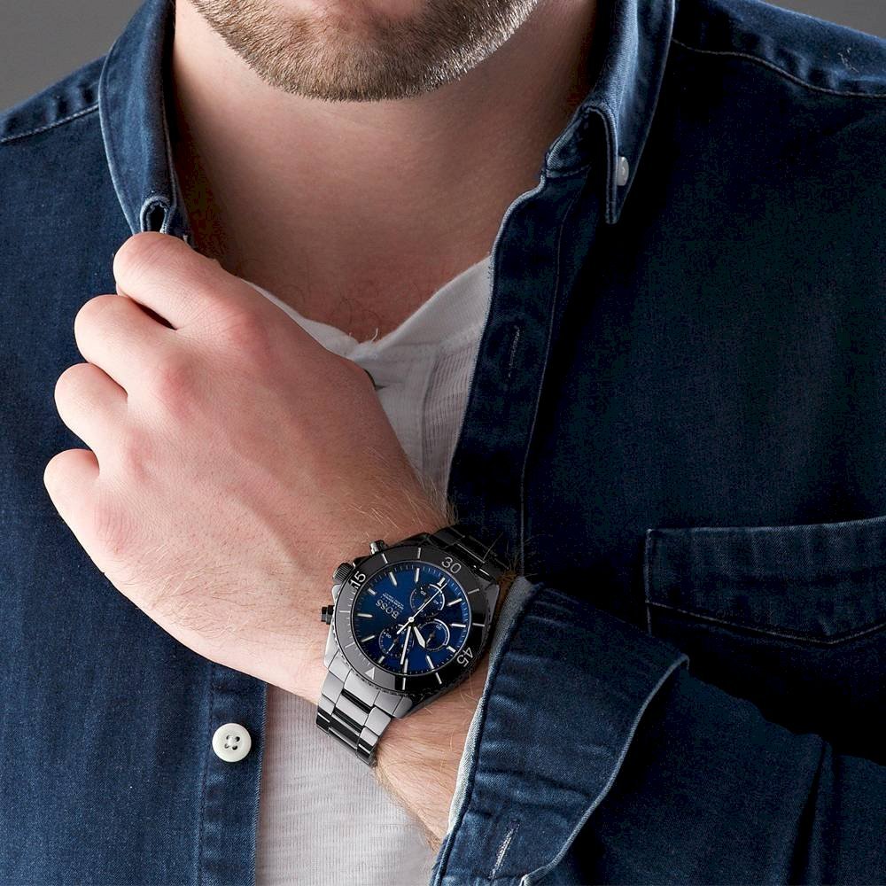 Hugo Boss Ocean Edition Chronograph Navy Blue Dial Black Steel Strap Watch for Men - 1513743