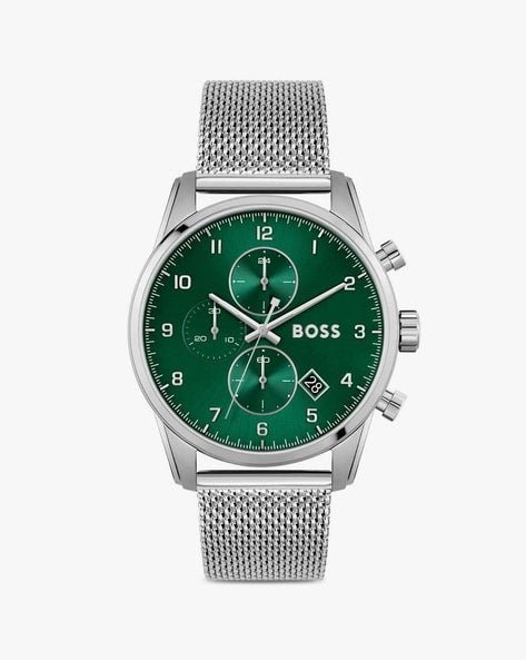 Hugo Boss Skymaster Chronograph Green Dial Silver Mesh Bracelet Watch for Men - 1513938