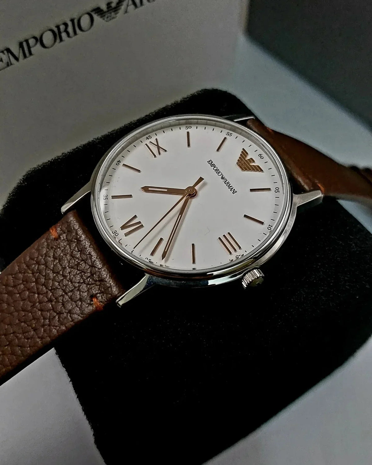 Emporio Armani Kappa Silver Dial Brown Leather Strap Watch for Men - AR11173