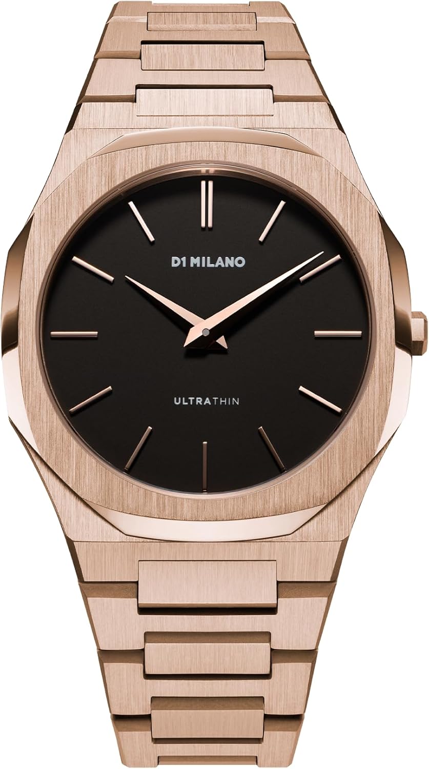 D1 Milano Ultra Thin Black Dial Gold Steel Strap Watch for Men - D1-UTBJ42