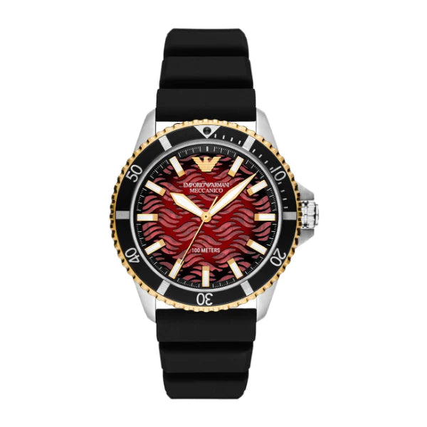Emporio Armani Sea Explorer Meccanico Automatic Red Dial Black Silicon Strap Watch For Men - AR60070