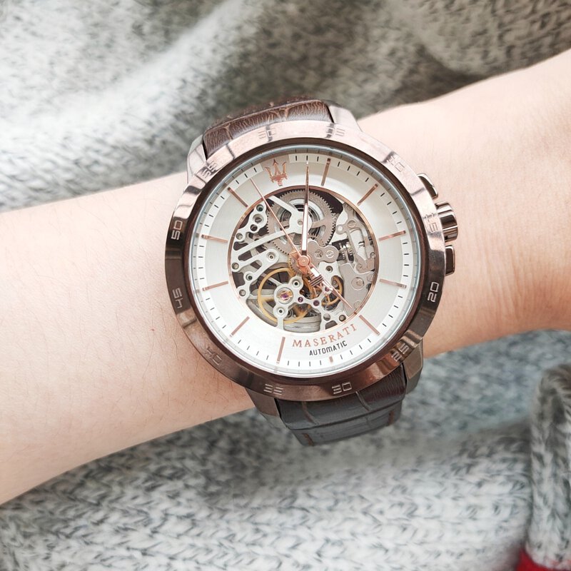 Maserati Ingegno Automatic Skeleton White Dial Brown Leather Strap Watch For Men - R8821119003